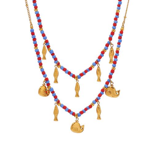 Stainless Steel Jewelry Necklace 304 Stainless Steel with Glass Beads plated fashion jewelry & for woman golden Sold By PC