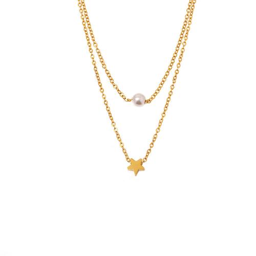 Collier de mode Multi couche, Acier inoxydable 304, avec Shell Pearl, Placage, Double couche & bijoux de mode & pour femme, plus de couleurs à choisir, Vendu par PC