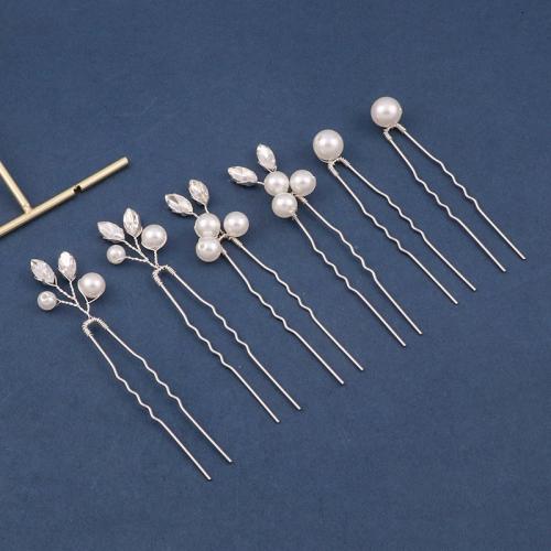 Bridal Hair Pins Zinc Alloy with brass wire & Crystal & Plastic Pearl handmade 6 pieces & fashion jewelry & for woman Sold By PC