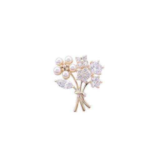Sinc Alloy Dealg, le Pearl Plaisteacha, Flower, dath an óir plated, do bhean & le rhinestone, 20x22mm, Díolta De réir PC