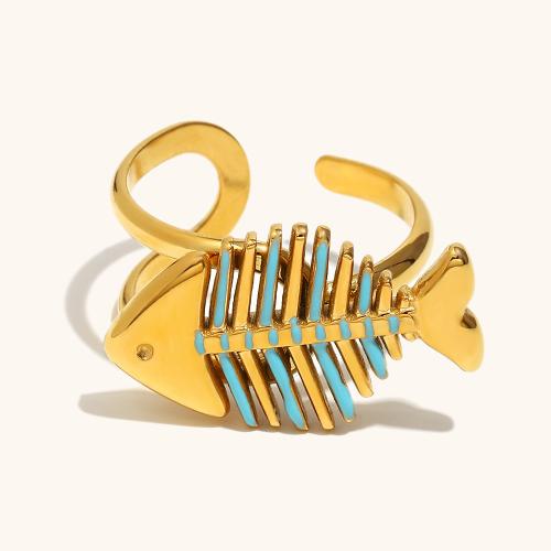 Enamel Stainless Steel Finger Ring 304 Stainless Steel Fish gold color plated Adjustable & DIY Sold By PC
