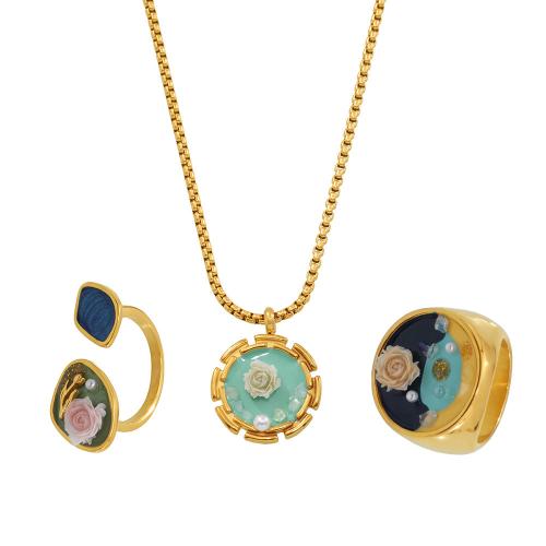 Emaille Stainless Steel Jewelry Set, 304 roestvrij staal, met Zoetwater Parel, plated, verschillende stijlen voor de keuze & voor vrouw & glazuur, meer kleuren voor de keuze, Verkocht door PC