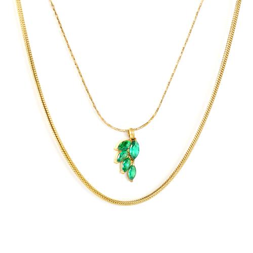 Roestvrij staal halskettingen, 304 roestvrij staal, met Cubic Zirconia, gold plated, Dubbele laag & mode sieraden & voor vrouw, Verkocht door PC