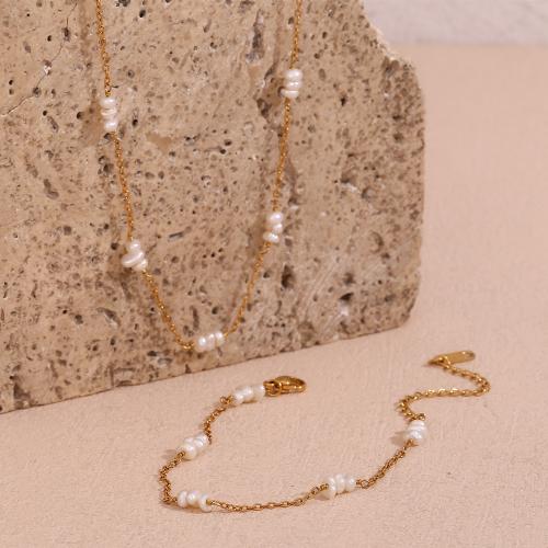 Natural Cultured Freshwater Pearl Jewelry Sets 304 Stainless Steel with Freshwater Pearl 18K gold plated fashion jewelry & for woman Sold By PC