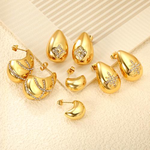 Roestvrij staal Stud Earrings, 304 roestvrij staal, Traan, 18K verguld, verschillende ontwerpen voor de keuze & voor vrouw & met strass, Verkocht door pair