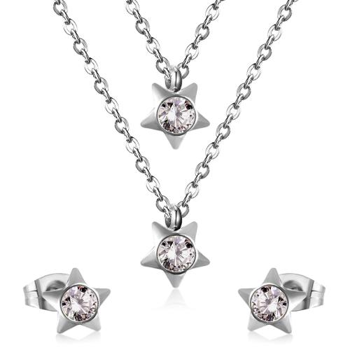 Collana in acciaio inossidabile, Orecchino a bottone & Collana, 304 acciaio inox, with cubico zircone, Stella, placcato, 2 pezzi & gioielli di moda & per la donna, nessuno, Venduto da set