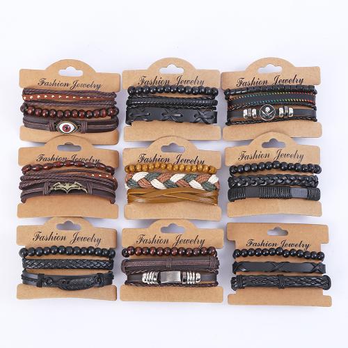 PU Armbånd sæt, med obsidian & Voks & Træ & Zinc Alloy, tilfældigt sendt & Vintage & Unisex, Længde Ca. 6-10 inch, Solgt af sæt