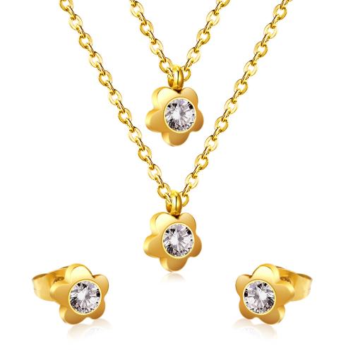 Set od nehrđajućeg čelika u obliku struke, Stud naušnica & ogrlica, 304 nehrđajućeg čelika, Cvijet, pozlaćen, 2 komada & za žene & s Rhinestone, više boja za izbor, Prodano By Set