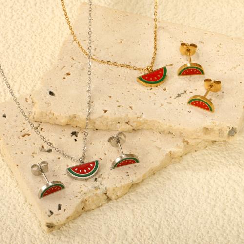 Emaille Stainless Steel Jewelry Set, Stud Oorbel & halsketting, 304 roestvrij staal, Watermeloen, plated, 2 stuks & voor vrouw & glazuur, meer kleuren voor de keuze, Verkocht door Stel