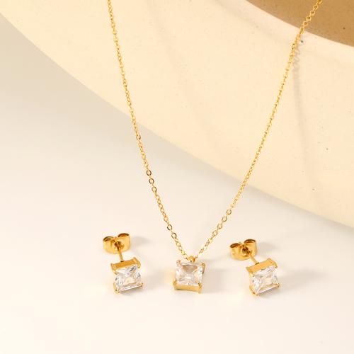 Cubic Zirconia Stainless Steel Jewelry Sets Stud Earring & necklace 304 Stainless Steel with Cubic Zirconia gold color plated 2 pieces & for woman Sold By Set