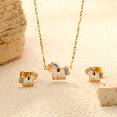 Emaille Stainless Steel Jewelry Set, Stud Oorbel & halsketting, 304 roestvrij staal, gold plated, 2 stuks & verschillende stijlen voor de keuze & voor vrouw & glazuur, Verkocht door Stel