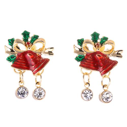 liga de zinco brincos tipo gota, sino, cromado de cor dourada, Design de Natal & para mulher & esmalte & com strass, 15x20mm, vendido por par