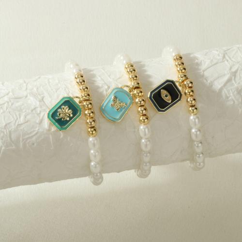 Messing Armbånd, med Shell Pearl, Rektangel, guldfarve belagt, forskellige design til valg & for kvinde & emalje, flere farver til valg, nikkel, bly & cadmium fri, Længde 16-17 cm, Solgt af PC