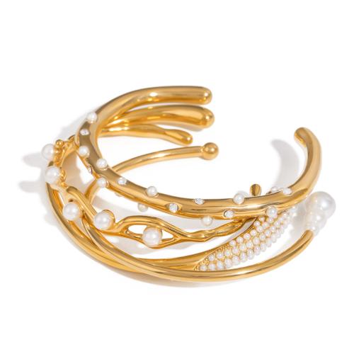 304 roestvrij staal Manchet Bangle, met Plastic Pearl, plated, mode sieraden & verschillende stijlen voor de keuze & voor vrouw, gouden, Verkocht door PC