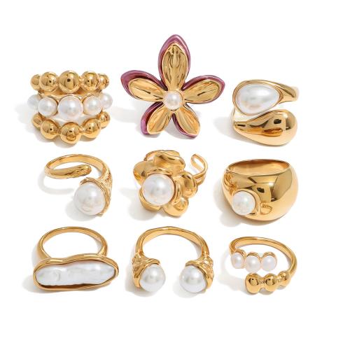 Rozsdamentes acél Finger Ring, 304 rozsdamentes acél, -val Műanyag Pearl, galvanizált, divat ékszerek & különböző stílusokat a választás & a nő, Által értékesített PC