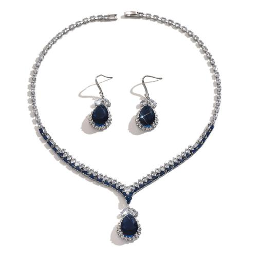 Cubic Zirkonia Micro Pave Brass Korut setit, Messinki, kanssa Lasi, päällystetty, 2 kpl & muoti korut & tekojalokivi, sininen, nikkeli, lyijy ja kadmium vapaa, Myymät set