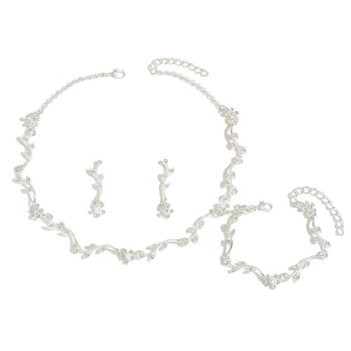 Conjuntos de joyería Rhinestone, aleación de zinc, con Vidrio, chapado en color de plata, tres piezas & con diamantes de imitación, plateado, Vendido por Set