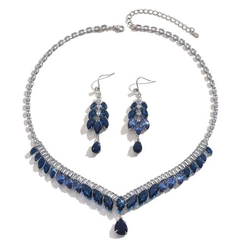 Set gioielli in lega di zinco, lega in zinco, with vetro, placcato, 2 pezzi & gioielli di moda & con strass, blu, Venduto da set