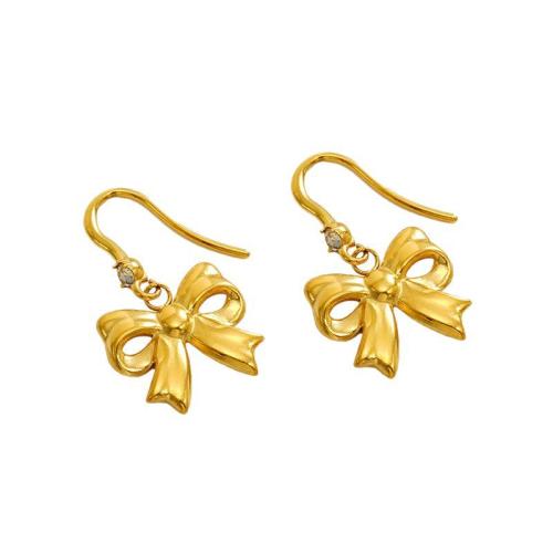 Rozsdamentes acél Csepp fülbevaló, 304 rozsdamentes acél, Bowknot, 18K aranyozott, a nő & strasszos & üreges, Által értékesített pár