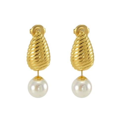 Roestvrij staal Stud Earrings, 304 roestvrij staal, met Plastic Pearl, Traan, 18K verguld, mode sieraden & voor vrouw, Verkocht door pair