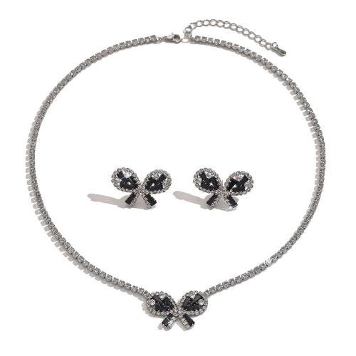 Strass-Schmuck-Sets, Messing, mit Glas, silberfarben plattiert, 2 Stück & Modeschmuck & mit Strass, schwarz, frei von Nickel, Blei & Kadmium, verkauft von setzen