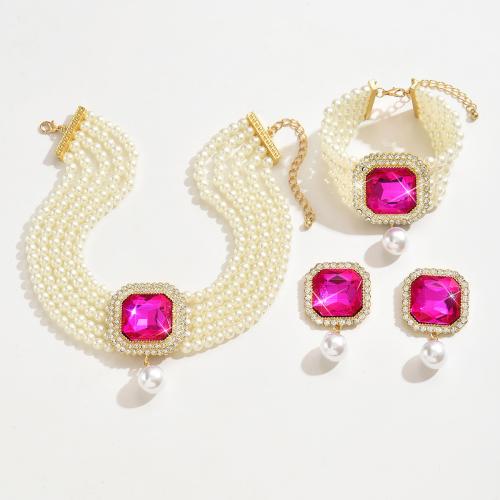Strass Jewelry Sets, ABS plast pärla, med Glas, plated, tre stycken & mode smycken & med strass, fler färger för val, Säljs av Ställ