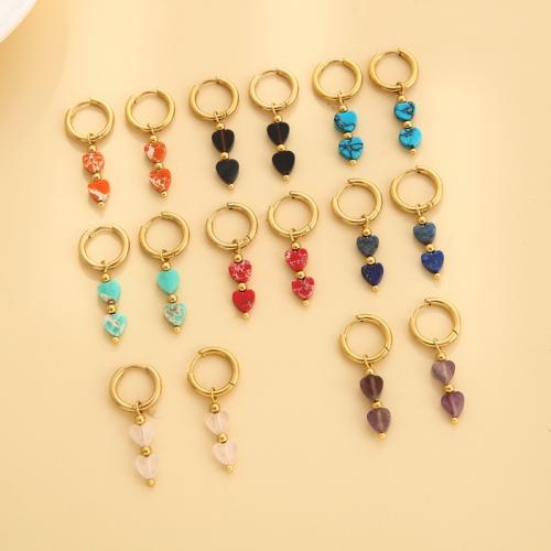 304 rozsdamentes acél Huggie Hoop csepp fülbevaló, -val Drágakő, Szív, arany színű aranyozott, divat ékszerek & a nő, Véletlen szín, 14x33mm, Által értékesített pár