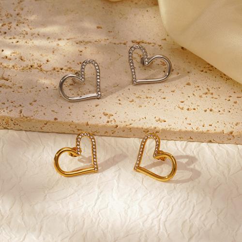 Stainless Steel Stud Øreringe, 304 rustfrit stål, Heart, forgyldt, for kvinde & med rhinestone, flere farver til valg, Solgt af par
