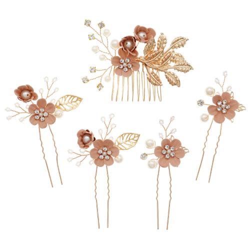 Measctha Hair Accessories, Sinc Alloy, le Pearl Plaisteacha, dath an óir plated, 5 phíosa & jewelry faisin & le rhinestone, órga, nicil, luaidhe & caidmiam saor in aisce, Díolta De réir Socraigh