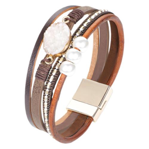 PU leder koord armbanden, met Rozenkwarts & Plastic Pearl & Zinc Alloy, mode sieraden & multilayer & voor vrouw, koffie kleur, Lengte 19 cm, Verkocht door PC