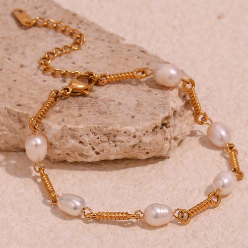 Freshwater Cultured Pearl Bracelet 316L Stainless Steel with Freshwater Pearl 18K gold plated fashion jewelry & for woman Sold By PC