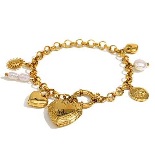 Roestvrij staal armbanden, 316L roestvrij staal, met Plastic Pearl, 18K verguld, mode sieraden & voor vrouw, Verkocht door PC