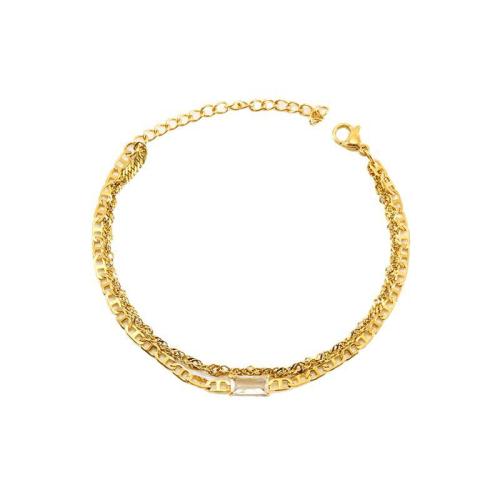 Bijoux bracelet en acier inoxydable, Acier inoxydable 304, avec zircon cubique, Plaqué or 18K, Double couche & bijoux de mode & pour femme, Vendu par paire