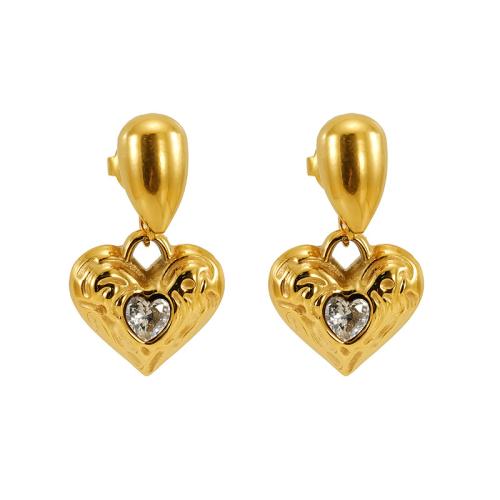 Rustfrit stål Drop ørering, 304 rustfrit stål, Heart, 18K forgyldt, mode smykker & Micro Pave cubic zirconia & for kvinde, Solgt af par