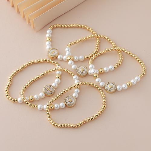 Pulseiras de latão, cobre, with Shell Pearl & fio elástico, cromado de cor dourada, joias de moda & Vario tipos a sua escolha & para mulher, vendido por PC