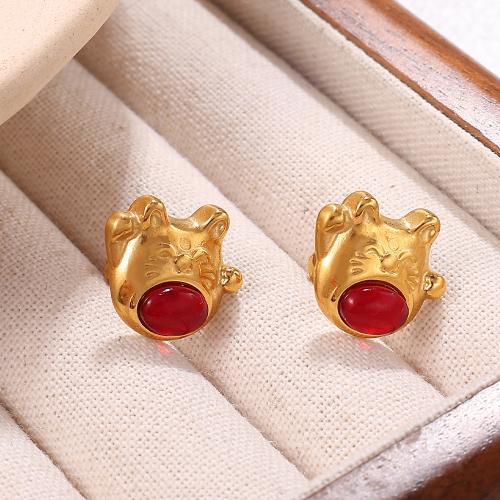 Titanium Steel  Earring with Cats Eye gold color plated fashion jewelry golden Sold By Pair