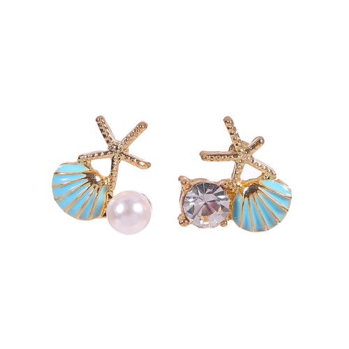 Zinc Alloy Stud Earring, med Plastic Pearl, Shell, guldfarve belagt, for kvinde & emalje & med rhinestone, flere farver til valg, 10x10mm, Solgt af par