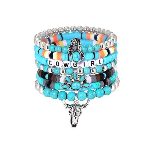 Turquoise sintéiseach Bracelet Socraigh, le Polymer Clay & Sinc Alloy, lámhdhéanta, stíl tíre & unisex, Fad Thart 6.7 Inse, Díolta De réir Socraigh