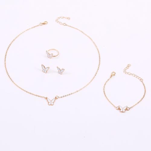 Cink Alloy Nakit Set, Stud naušnica & prst prsten & narukvica & ogrlica, Leptir, zlatna boja pozlaćen, 4 komada & za žene & emajl, više boja za izbor, necklace length 20inch, bracelet length 8.7inch, Veličina:6-8, Prodano By Set