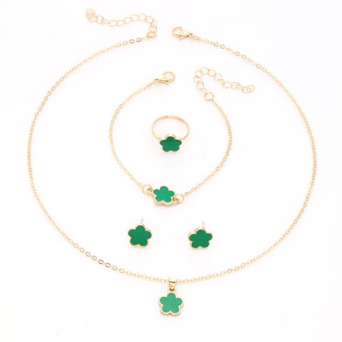 Cink Alloy Nakit Set, Stud naušnica & prst prsten & narukvica & ogrlica, Cvijet, zlatna boja pozlaćen, 4 komada & za žene & emajl, više boja za izbor, necklace length 18.9inch, bracelet length 8.7inch, Veličina:6-8, Prodano By Set
