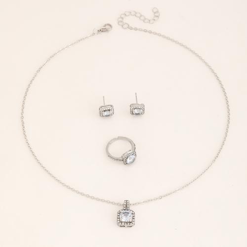 Zinc Alloy Sieraden set, Stud Oorbel & vinger ring & halsketting, Plein, silver plated, drie stuks & micro pave zirconia & voor vrouw, necklace length 18.9inch, Maat:6-8, Verkocht door Stel