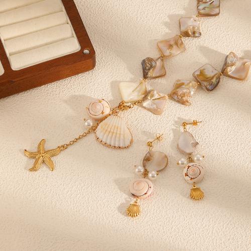 Roestvrij staal sieraden sets, 304 roestvrij staal, met Schelp & Plastic Pearl, gold plated, mode sieraden, meer kleuren voor de keuze, Verkocht door PC
