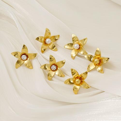 Roestvrij staal Stud Earrings, 304 roestvrij staal, met Plastic Pearl, Bloem, 18K verguld, mode sieraden & verschillende materialen voor de keuze & voor vrouw, Verkocht door pair