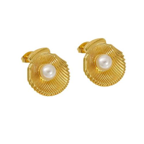 Stainless Steel Stud fülbevaló, 304 rozsdamentes acél, -val Műanyag Pearl, 18K aranyozott, divat ékszerek & a nő, Által értékesített pár