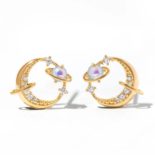Mosaz Stud náušnice, s Plastové Pearl, Měsíc, barva pozlacený, pro ženy & s drahokamu, 13x11mm, Prodáno By Pair