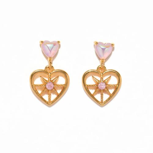 Messing Drop Earring, met Plastic Pearl, Hart, gold plated, voor vrouw & met strass & hol, 11x13mm, Verkocht door pair