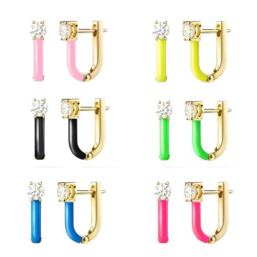 Messing Hendel weer Earring, Letter U, gold plated, voor vrouw & glazuur & met strass, meer kleuren voor de keuze, 13x15mm, Verkocht door pair