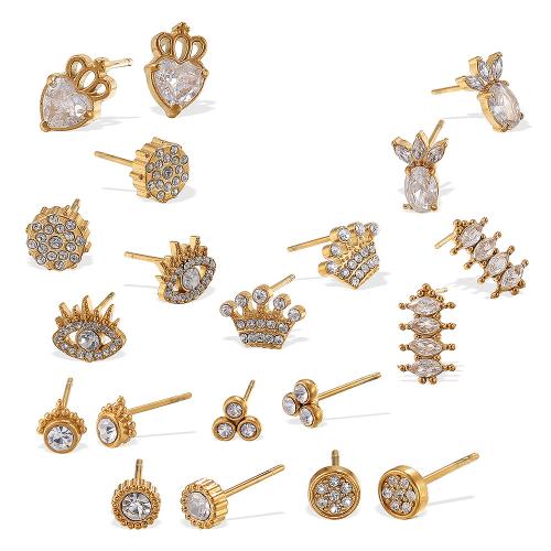 Stainless Steel Stud Earrings 304 Stainless Steel plated & for woman & with rhinestone golden Sold By Pair