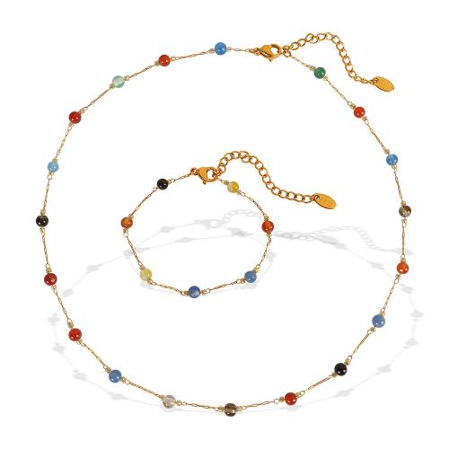 Rustfrit stål smykker sæt, 304 rustfrit stål, med Natursten & Plastic Pearl, guldfarve belagt, forskellige materialer til valg & forskellige stilarter for valg & for kvinde, Solgt af PC