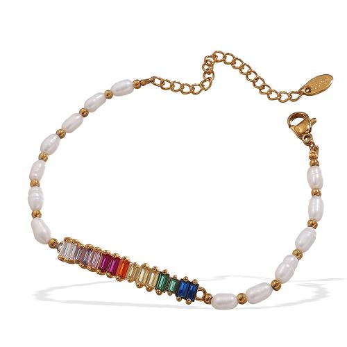 Pulseras de Perlas Freshwater, metal, con cúbica circonia & Perlas cultivadas de agua dulce & acero inoxidable 304, chapado en color dorado, Joyería & para mujer, Vendido por UD